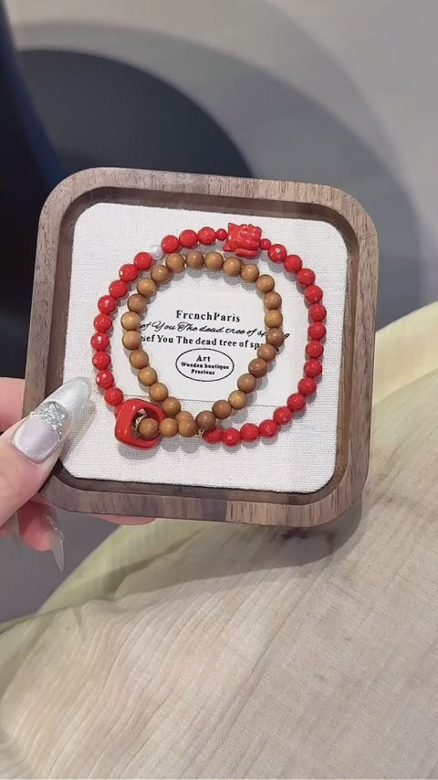 Cinnabar & Old‑Sandalwood Multi‑Loop Bracelet-Inner Balance
