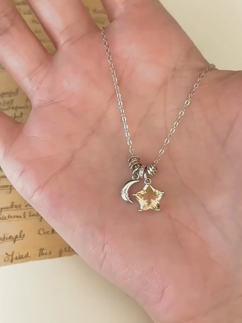 Moon&Star Natural Citrine/Clear Quartz Necklace - Attracts Wealth, Purifies Aura