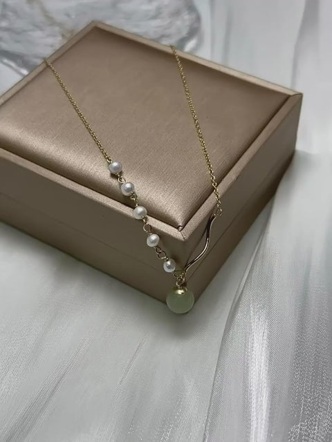 Asymmetrical Chain Hetian Jade and Pearl Necklace - Perfection & Serenity