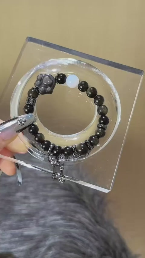 Gold Obsidian & Silver Obsidian Cat‑Paw Bracelet - Attract Positive Fortune
