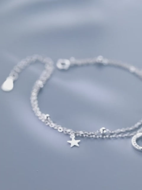 Double Chain Star Moon S925 Bracelet, Delicate Gift for Her
