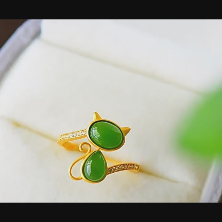 Bague Chat en Jade Hetian Naturel - Pureté & Sagesse & Paix