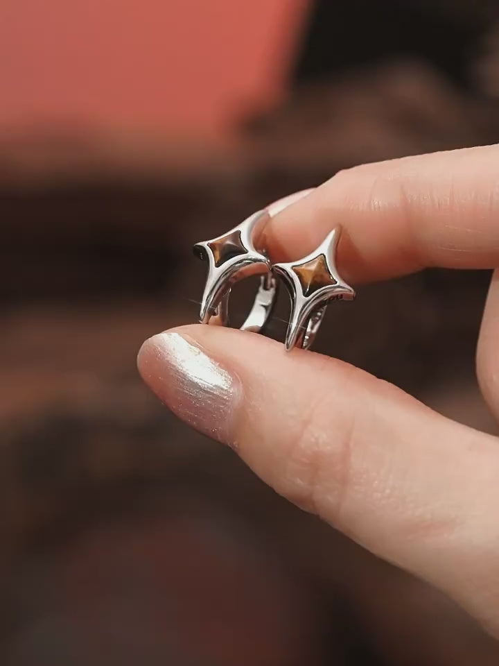 Boucles d'oreilles créoles unisexe œil de tigre étoile — Cristal de niche minimaliste pour la fortune et la bonne chance