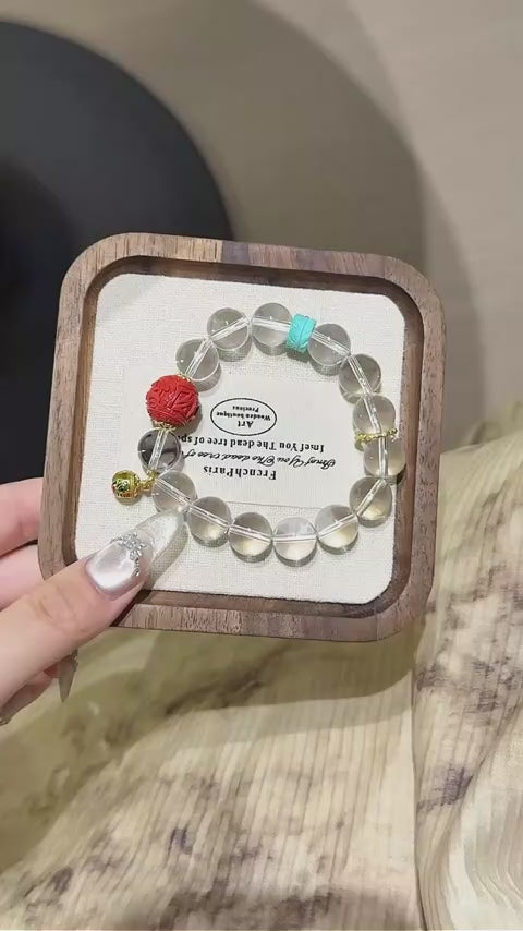 Clear Quartz & Red Sand Six Syllable Mantra Bracelet-Gather Blessings