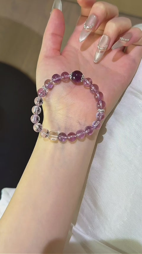 Amethyst Purple Mica & Clear Quartz Cube Bracelet - Attract Happy Vibrations