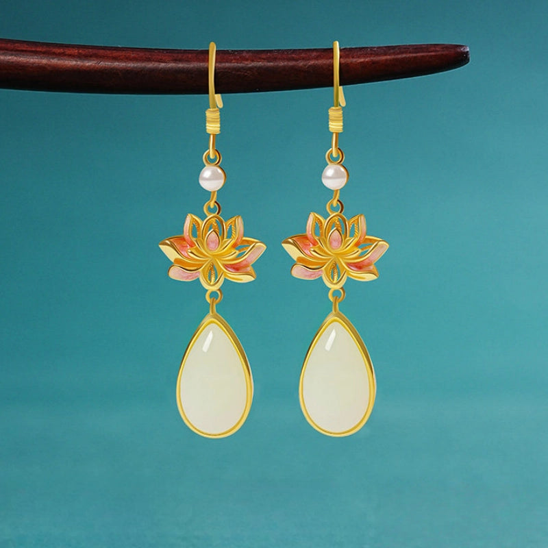 Natural Hetian Jade Lotus Earrings - Calm & Inner Peace