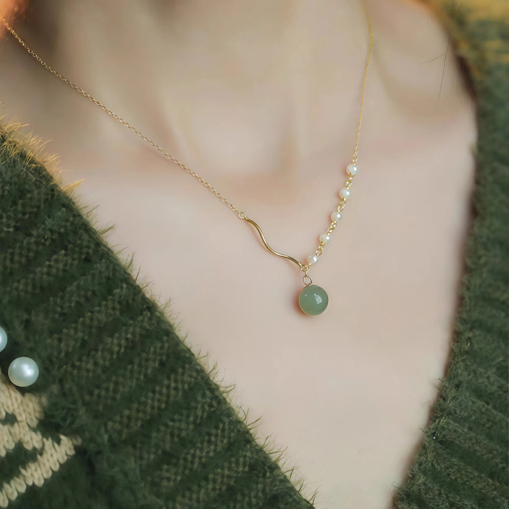 Asymmetrical Chain Hetian Jade and Pearl Necklace - Perfection & Serenity