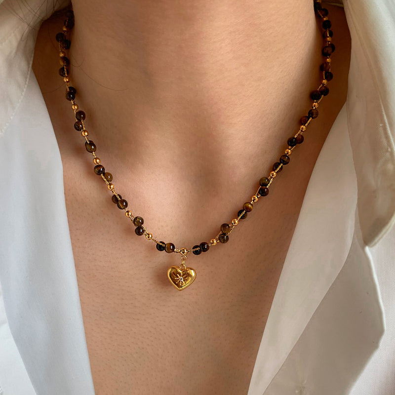 Natural Tiger Eye Stone Necklace — Spring Summer Double Layer Heart , A Gift for Your Beloved