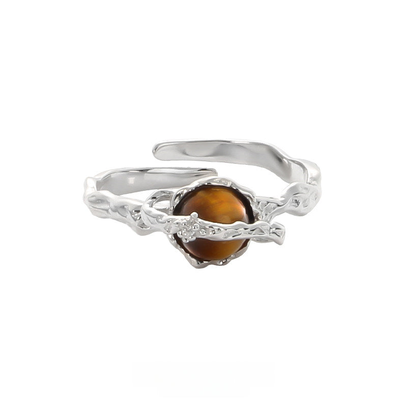 Natural Tiger Eye Stone Ring, Small Universe Saturn Open Ring