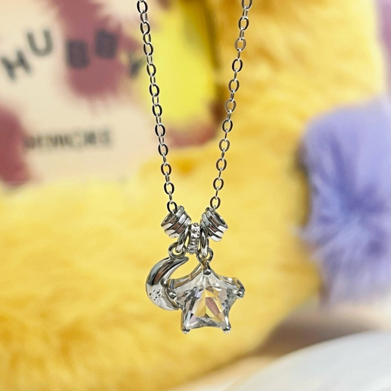 Moon&Star Natural Citrine/Clear Quartz Necklace - Attracts Wealth, Purifies Aura