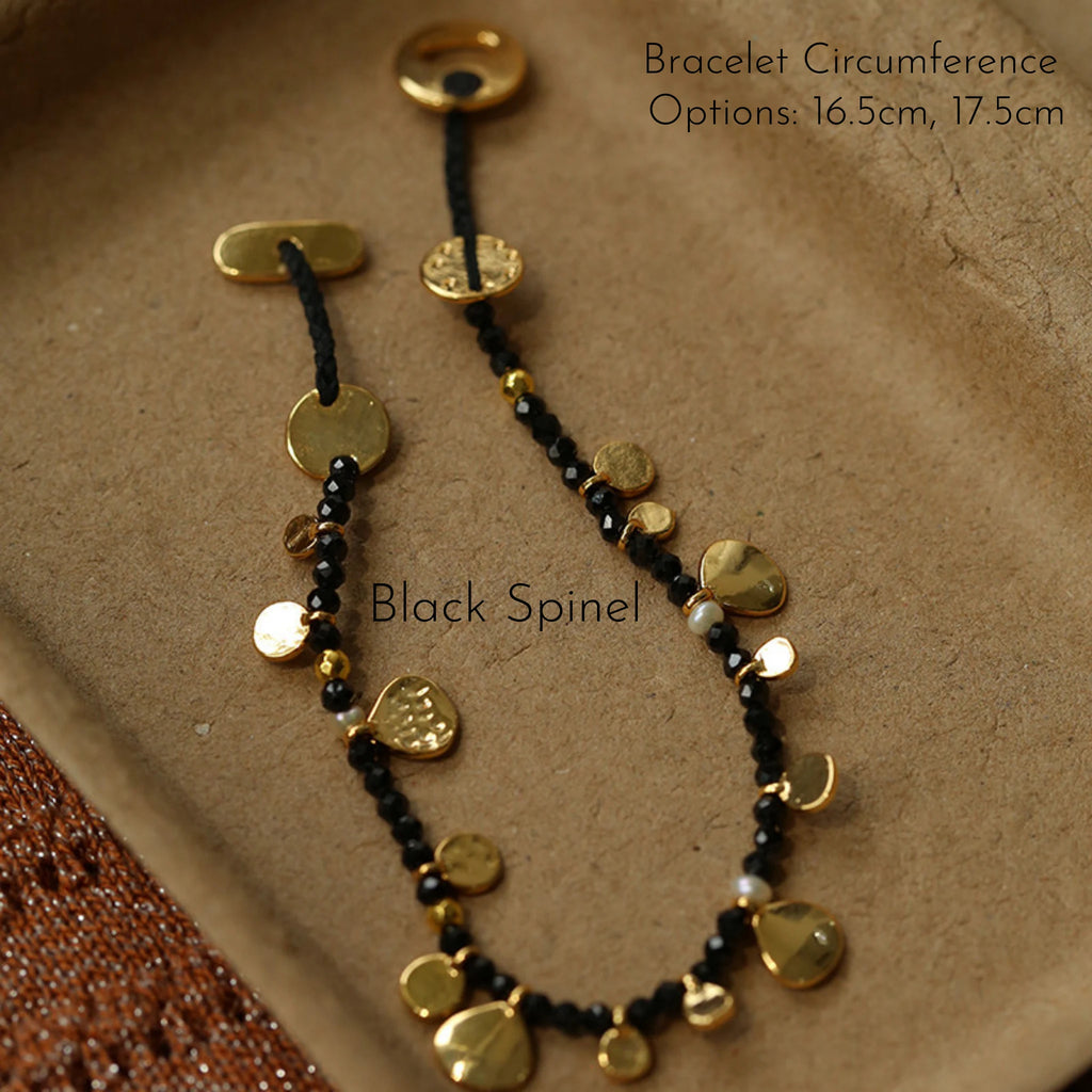 Hand‑Hammered Gold Coin Natural Stone Beaded Stack Bracelet - Healing, Inner Power
