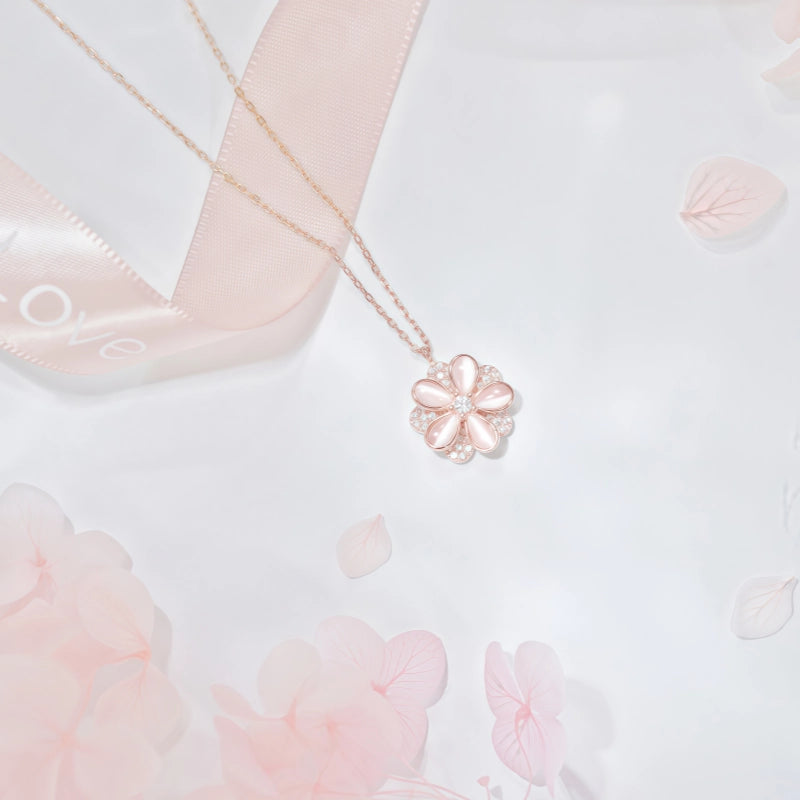 Collier Fleur de Cerisier Rose avec Chaîne de Clavicule Premium en Argent Pur Rotative