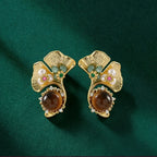 Boucles d'oreilles Œil de Tigre naturel, Lumina Tigeris Maillard Fleur Dorée, Cadeau Femme