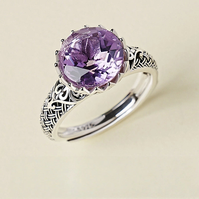 Bague Lotus en Améthyste Naturelle – Design Vintage en Argent Sterling 925