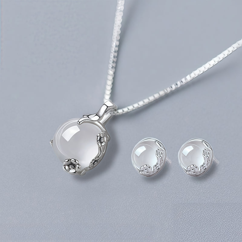 Floral Silver‑Tone White Gemstone Jewelry Set - Clears Negative Energy