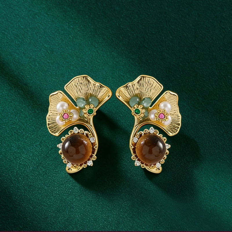Natural Tiger Eye Earrings, Lumina Tigeris Maillard Golden Flower, Women Gift