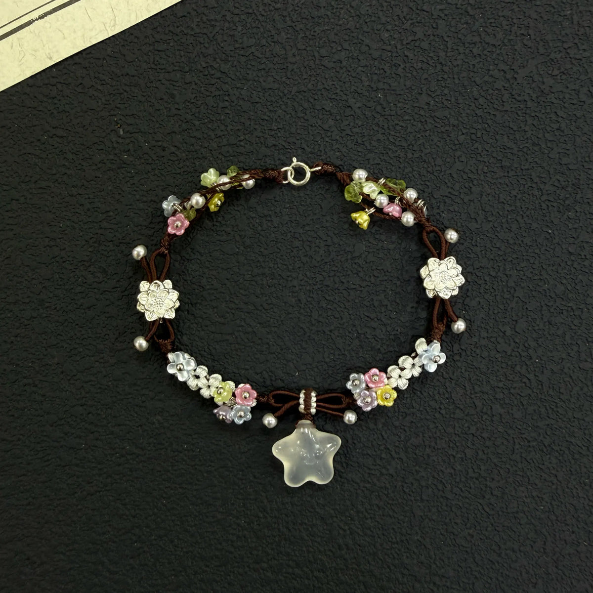 Sterling Silver Lotus Icy Chalcedony Star Macrame Bracelet - Peace & Positive Energy Healing Bracelet