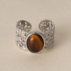 Bague Œil de Tigre Naturel S925 Creuse en Dentelle Niche Simple Haut de Gamme Tempérament Polyvalent Bague Femme