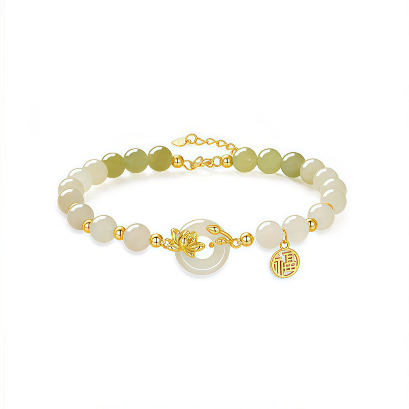 Natural Hetian Jade Lotus Peace Buckle Bracelet, Gift for Peace Wishes