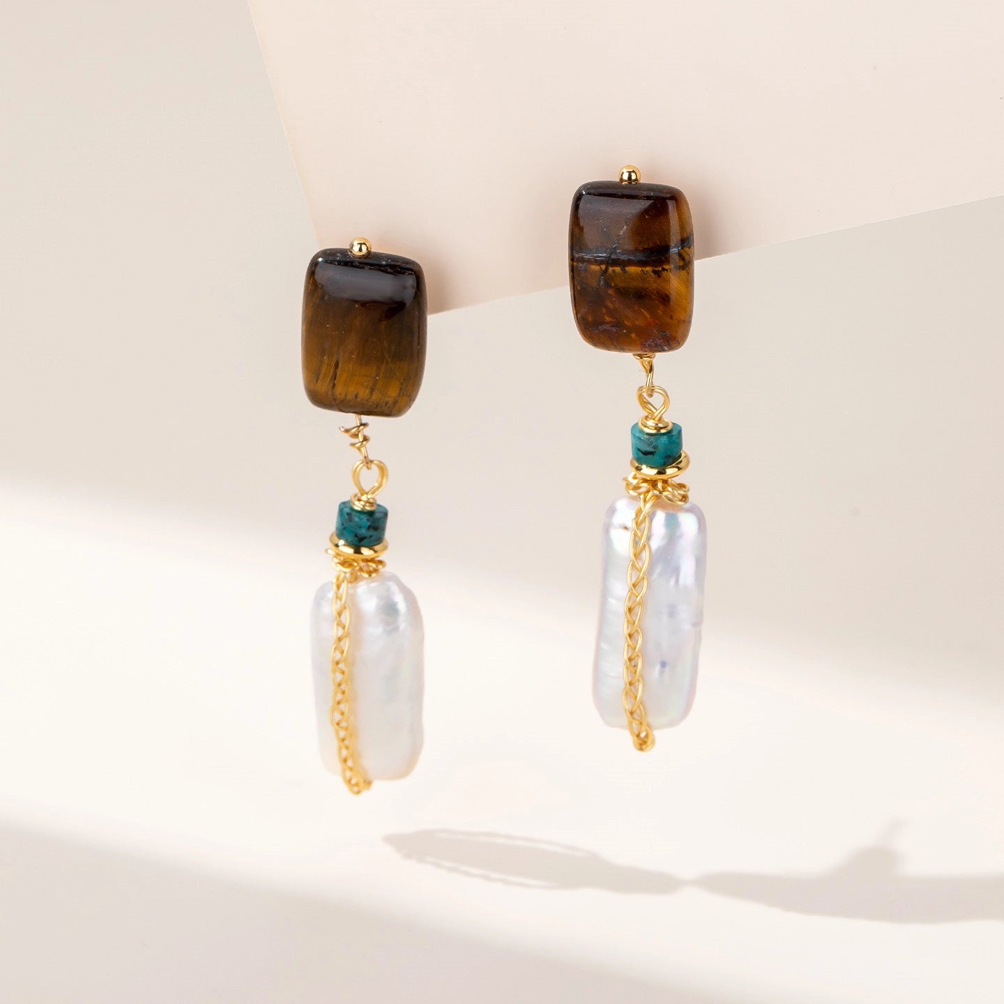 Boucles d'oreilles perles baroques et œil de tigre naturel — Style unique, luxe léger et qualité supérieure