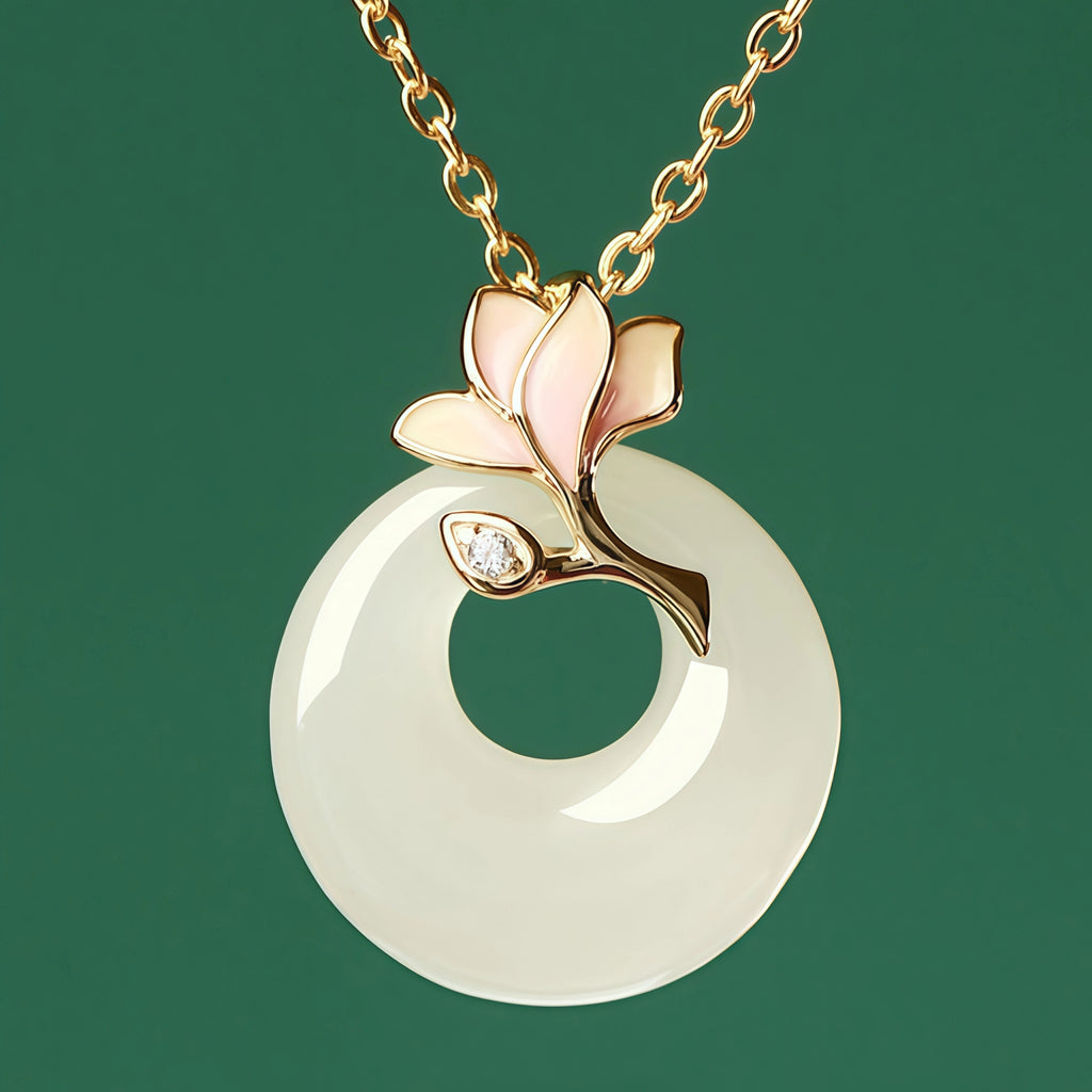 Elegant Magnolia Hetian Jade Peace Donut Necklace - Peace & Bliss