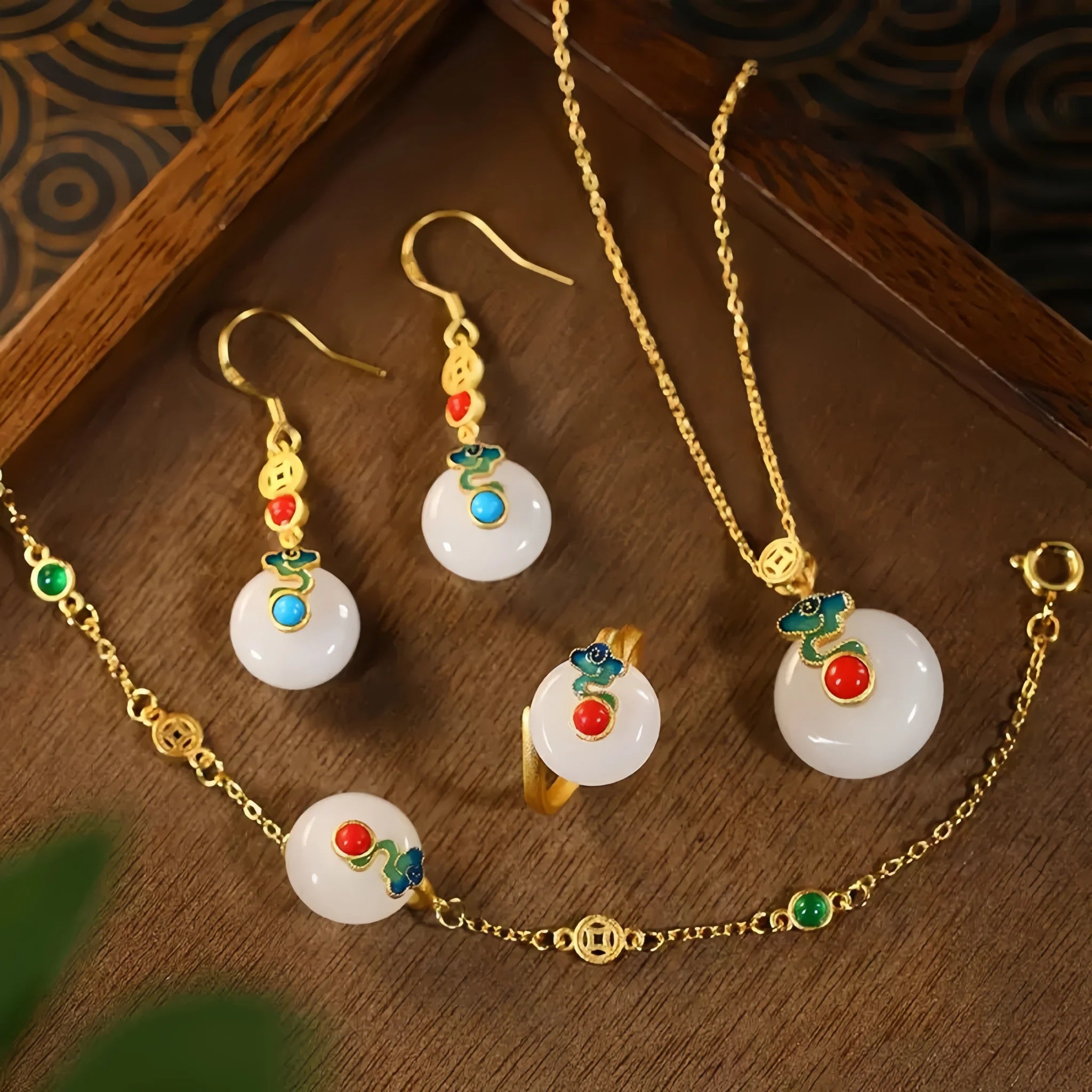 Natural Hetian Jade Necklace/Bracelet/Earrings/Ring Set - Stands for Peace