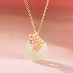 Hetian Jade Floral Donut Necklace - Peace Charm with Floral Motif