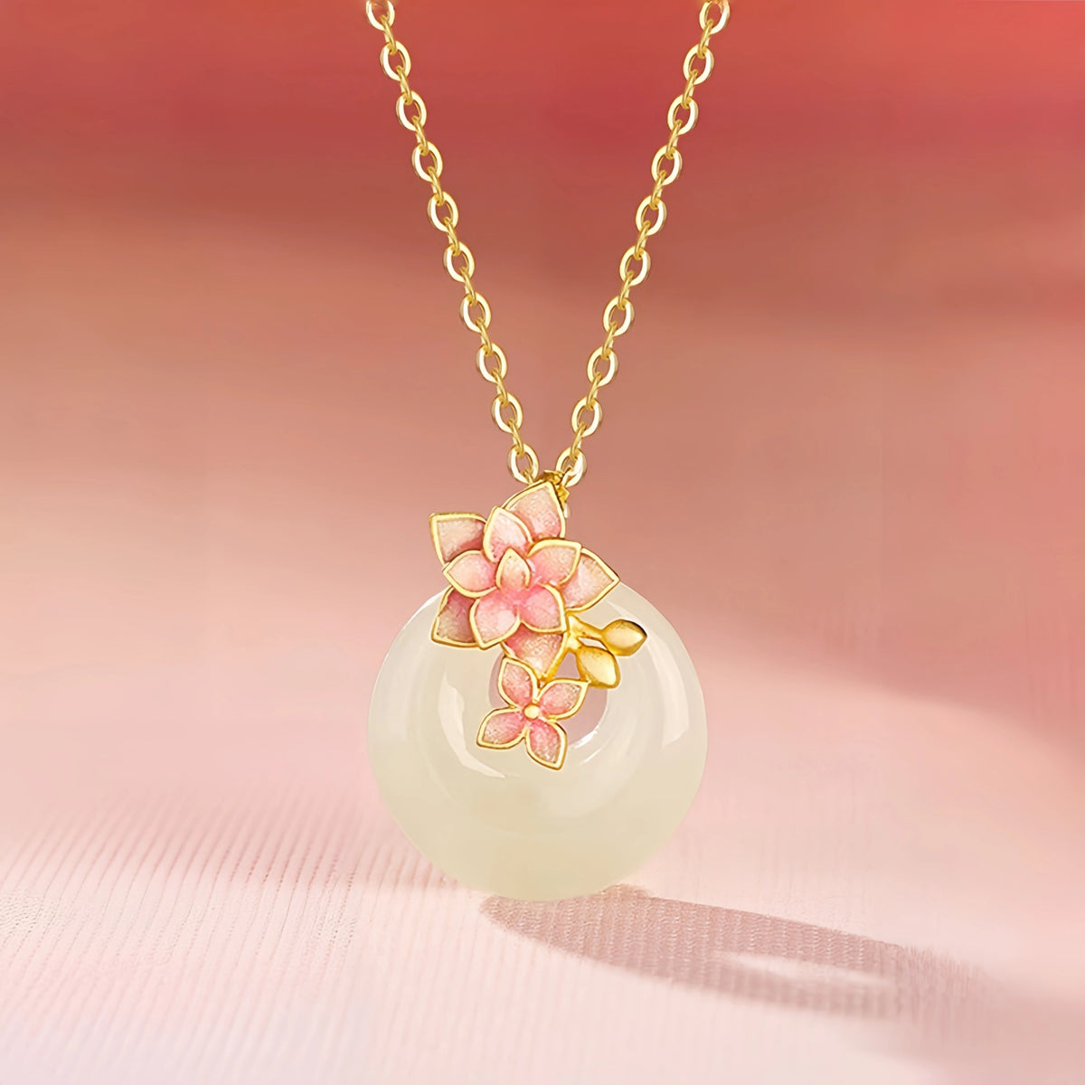 Hetian Jade Floral Donut Necklace - Peace Charm with Floral Motif