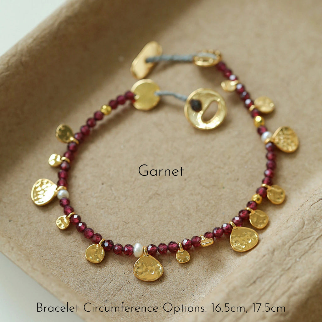 Hand‑Hammered Gold Coin Natural Stone Beaded Stack Bracelet - Healing, Inner Power