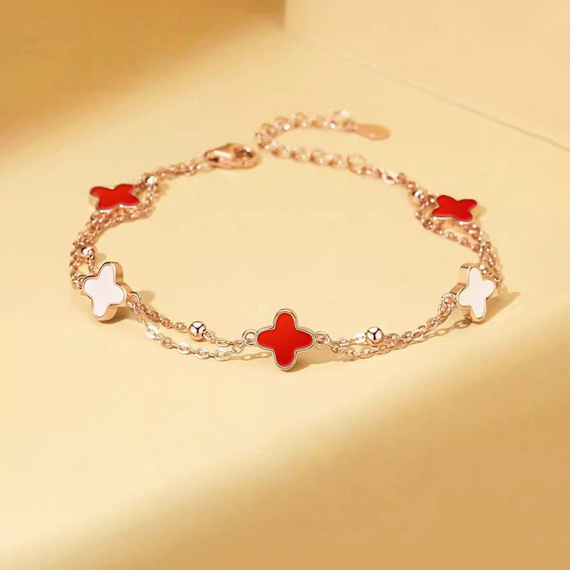 Bracelet Double Couche Trèfle à Quatre Feuilles — Cadeau Luxe & Délicat pour Meilleure Amie – Anniversaire & Remise de Diplôme