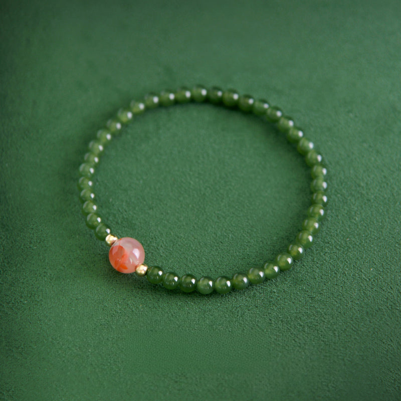Hetian Green Jade & Ice Floating Southern Red Agate Bracelet – Soothes Emotions