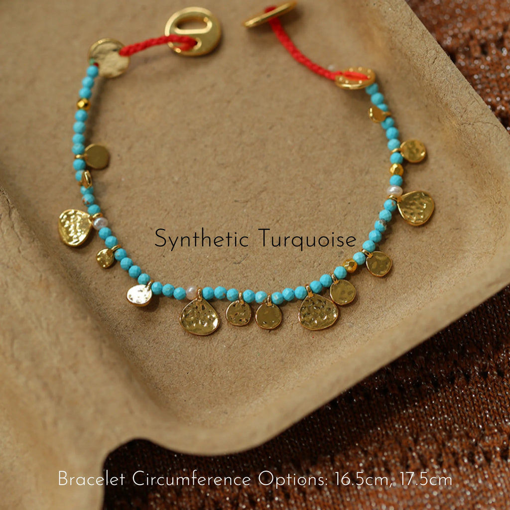 Hand‑Hammered Gold Coin Natural Stone Beaded Stack Bracelet - Healing, Inner Power