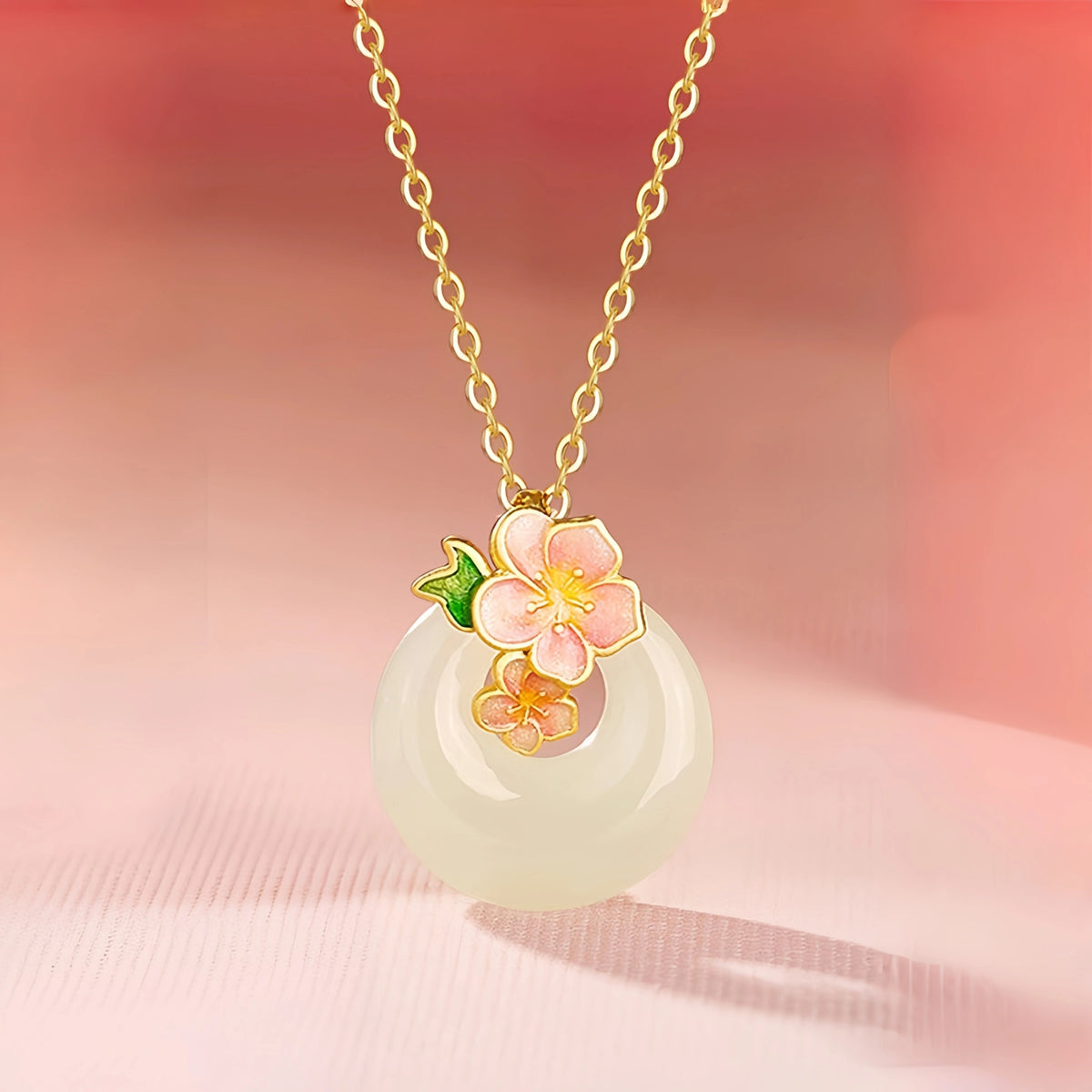 Hetian Jade Floral Donut Necklace - Peace Charm with Floral Motif