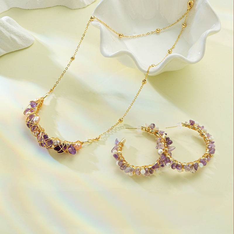 Natural Amethyst & Pearl Necklace/Earrings Jewelry Set - Gentle Emotional Healing
