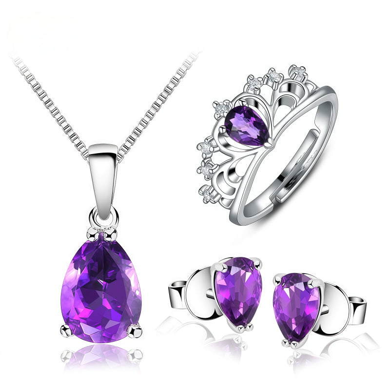 Teardrop Amethyst Silver‑Tone Jewelry Set