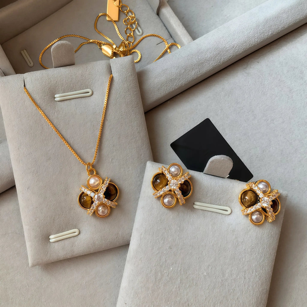 Vintage Star‑Cross Tiger's Eye Pearl Gold‑Plated Jewelry Set - Strength & Protection