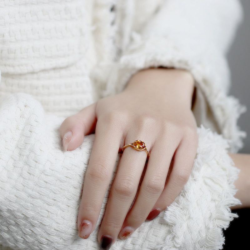 Delicate Natural Citrine Ring 14K Gold Plated - Boosts Side Income Luck