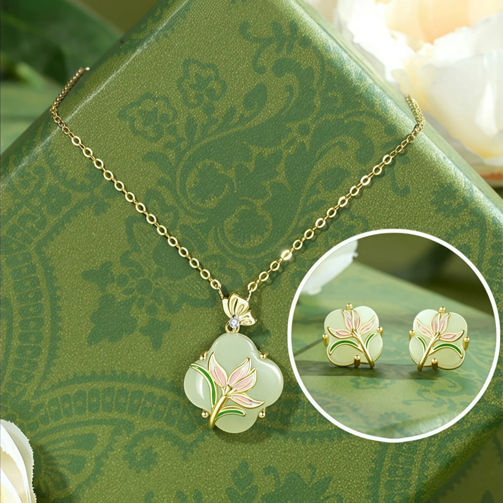 Oriental Clover‑Shaped Lotus Hetian Jade Matching Jewelry Set - Purify Mind
