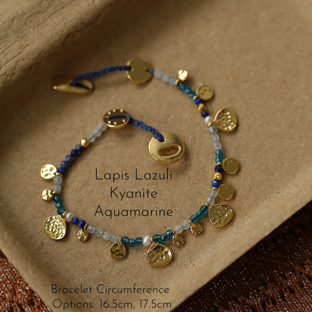 Hand‑Hammered Gold Coin Natural Stone Beaded Stack Bracelet - Healing, Inner Power