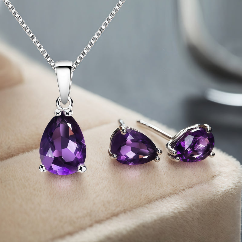 Teardrop Amethyst Silver‑Tone Jewelry Set