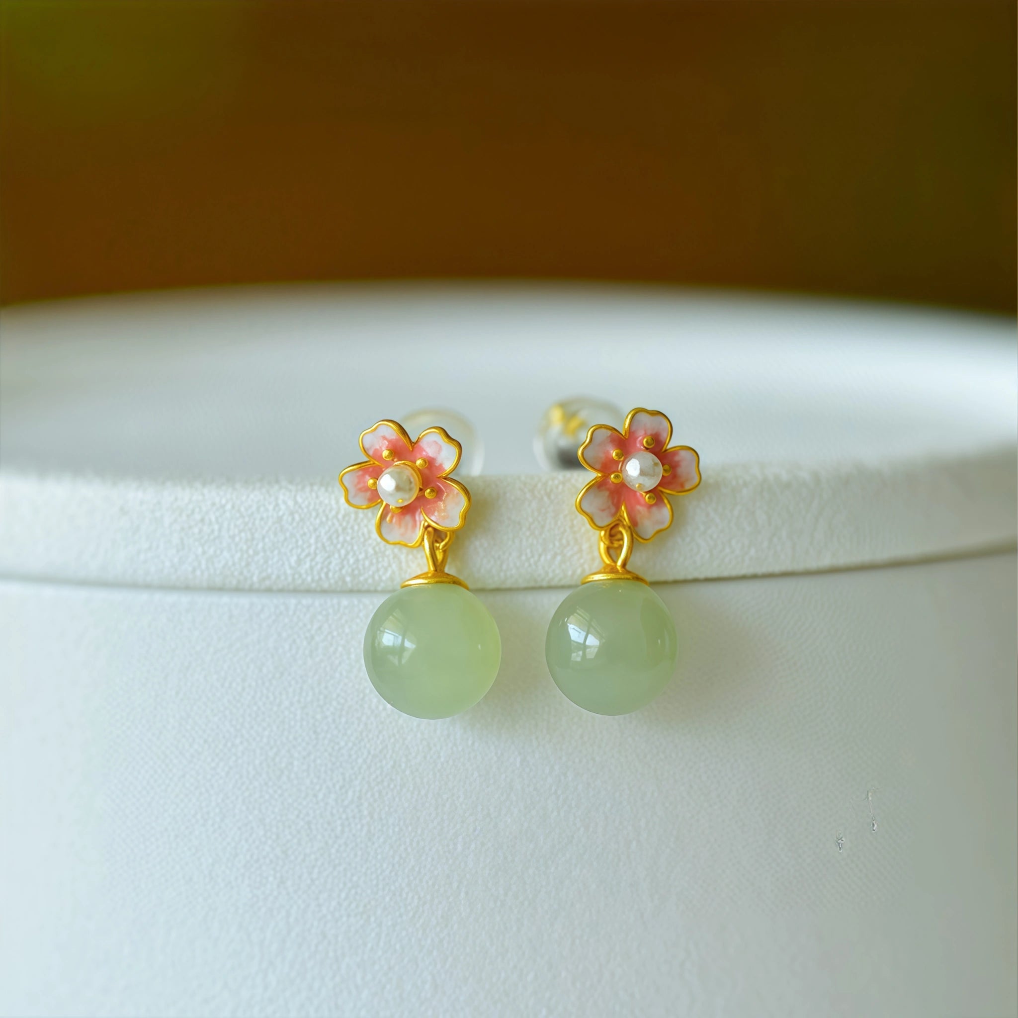 Oriental Cherry Blossom Enamel Jade Pearl Jewelry Set - Gentle Protection