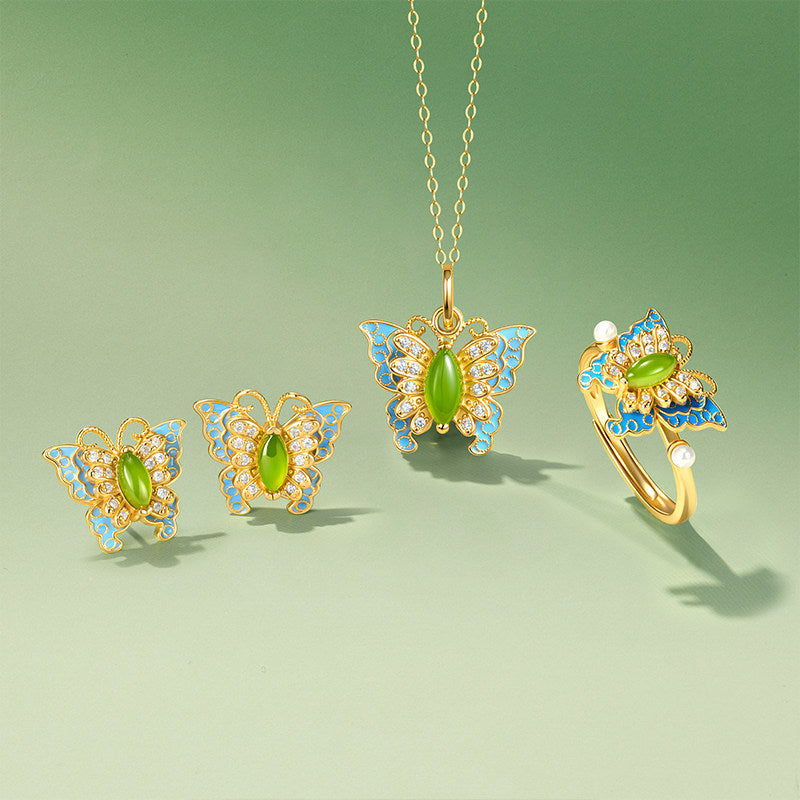 Hetian Jade Butterfly Necklace Ring Earrings Jewelry Set - stands for purity
