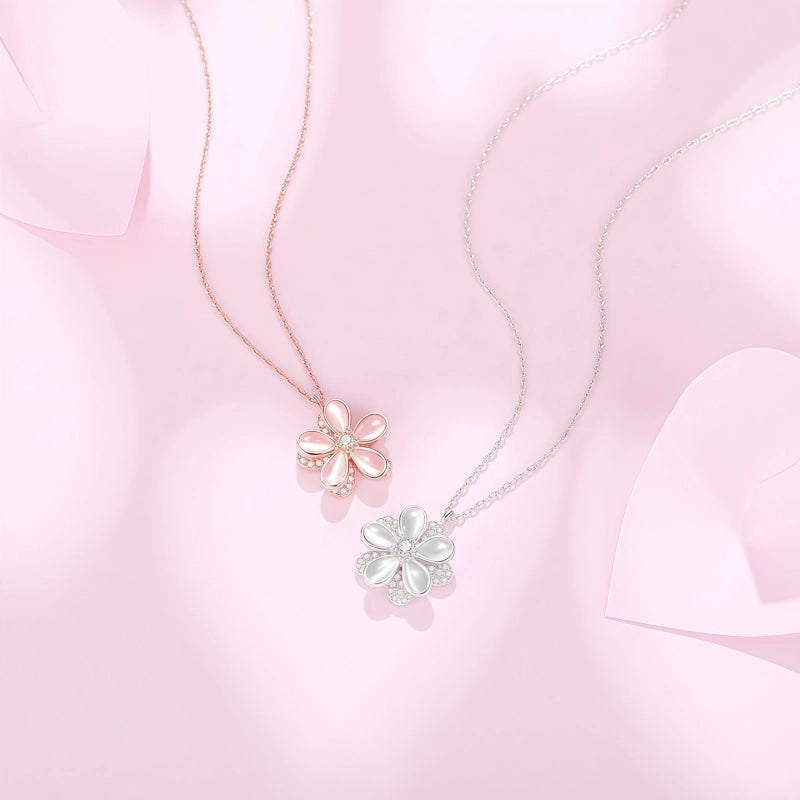 Collier Fleur de Cerisier Rose avec Chaîne de Clavicule Premium en Argent Pur Rotative