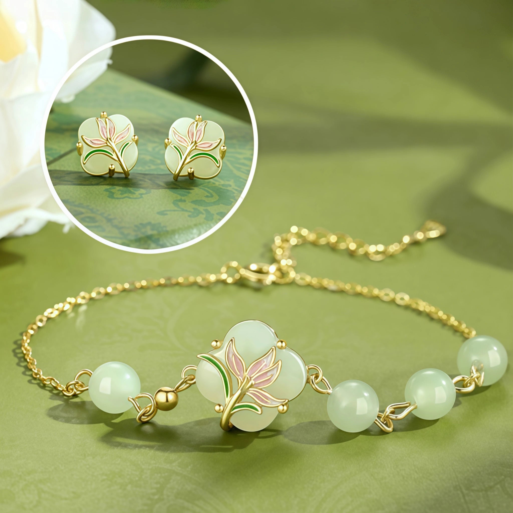 Oriental Clover‑Shaped Lotus Hetian Jade Matching Jewelry Set - Purify Mind