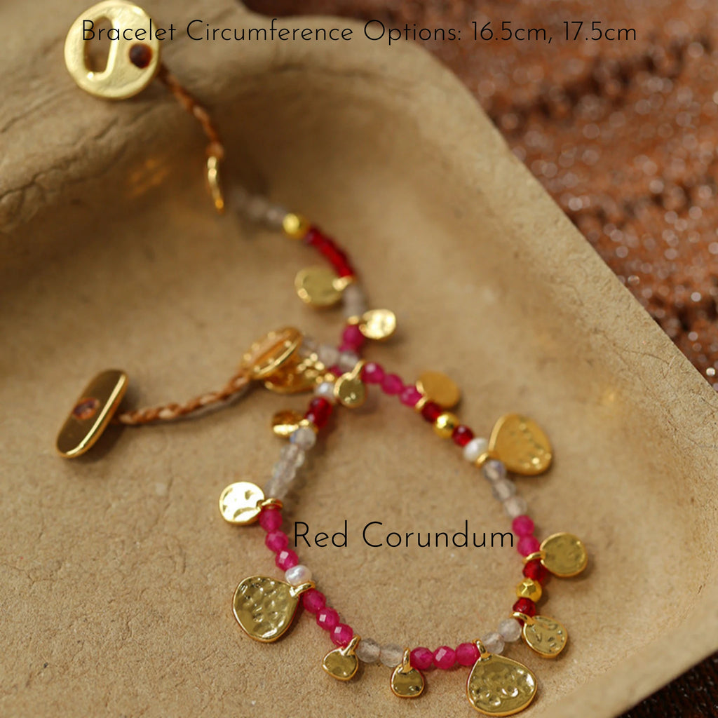 Hand‑Hammered Gold Coin Natural Stone Beaded Stack Bracelet - Healing, Inner Power