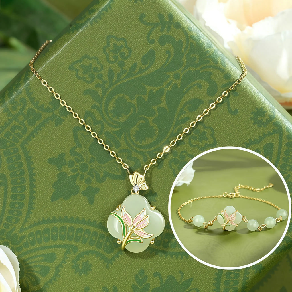 Oriental Clover‑Shaped Lotus Hetian Jade Matching Jewelry Set - Purify Mind