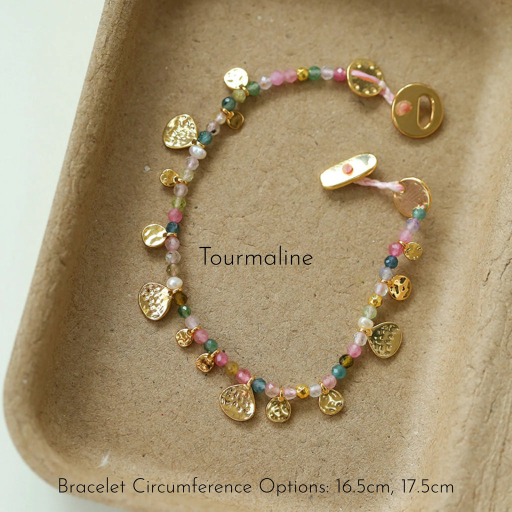 Hand‑Hammered Gold Coin Natural Stone Beaded Stack Bracelet - Healing, Inner Power