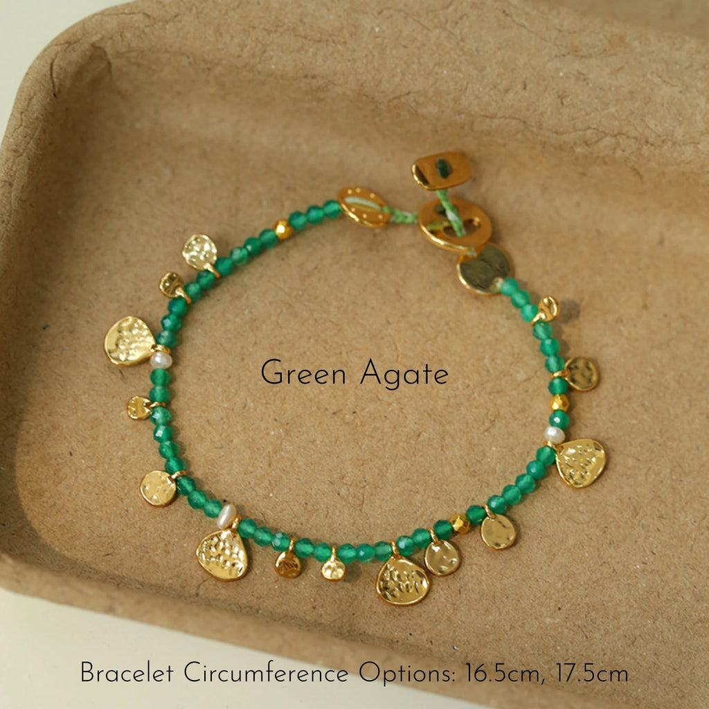 Hand‑Hammered Gold Coin Natural Stone Beaded Stack Bracelet - Healing, Inner Power